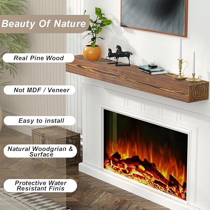 ROOMTEC Fireplace Mantel, 72" Floating Fireplace Shelves, Wall Mounted Wooden Display Shelving, Handcrafted Wood Brack, Natural Mantels Over Fireplace | 72" x 8" x 6" - Brown