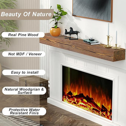 ROOMTEC Fireplace Mantel, 72" Floating Fireplace Shelves, Wall Mounted Wooden Display Shelving, Handcrafted Wood Brack, Natural Mantels Over Fireplace | 72" x 8" x 6" - Brown