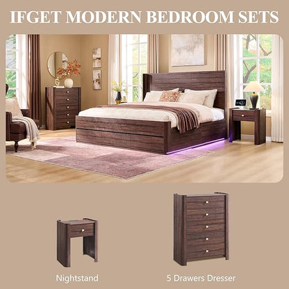 IFGET 23.6" Tall Modern Nightstand with Charging Station, 22" Wide Curved Bedside Table with 1 Storage Drawer, Wooden Night Stand, Large End Table for Bedroom, Living Room, Brown