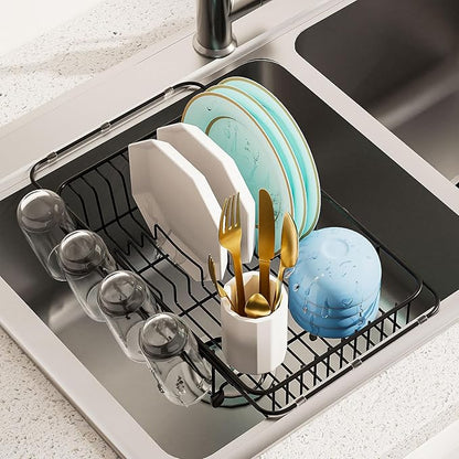 AIDERLY Dish Drying Rack in Sink Expandable Stainless Steel Kitchen Dish Drainer with 4 Cup Holders, Black
