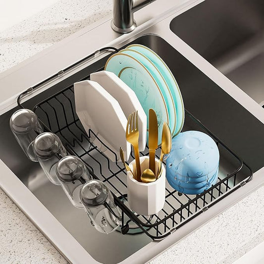 AIDERLY Dish Drying Rack in Sink Expandable Stainless Steel Kitchen Dish Drainer with 4 Cup Holders, Black
