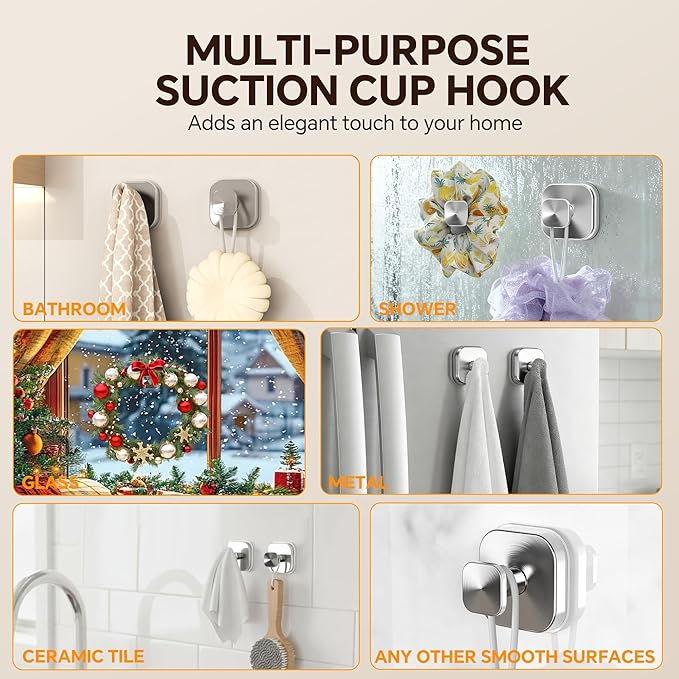XCIXCI 2Pack Suction Cup Hooks for Shower, Bathroom, Glass Door – Heavy Duty Waterproof Suction Hooks for Towel, Loofah, Bath Robe and Wreath Hanging – No Drill Removable Hook, Brushed Silver