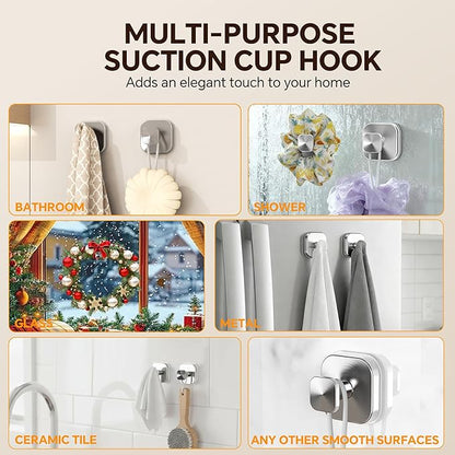 XCIXCI 2Pack Suction Cup Hooks for Shower, Bathroom, Glass Door – Heavy Duty Waterproof Suction Hooks for Towel, Loofah, Bath Robe and Wreath Hanging – No Drill Removable Hook, Brushed Silver