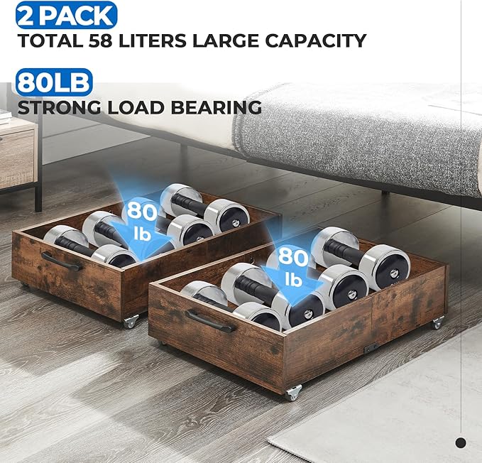 TIOPGHAD Under Bed Storage with Wheels, 2-Pack Under Bed Shoe Storage Organizer Drawer, Composite Wood Organizer for Shoes Clothes Containers in Bedroom for Clothes,Shoes(Brown)