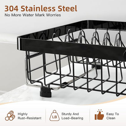 romision Expandable Dish Drying Rack Over The Sink Small Metal Stainless Steel Plate Holder for Compact Kitchen, Space Saving Modern Black Hanging Drainer