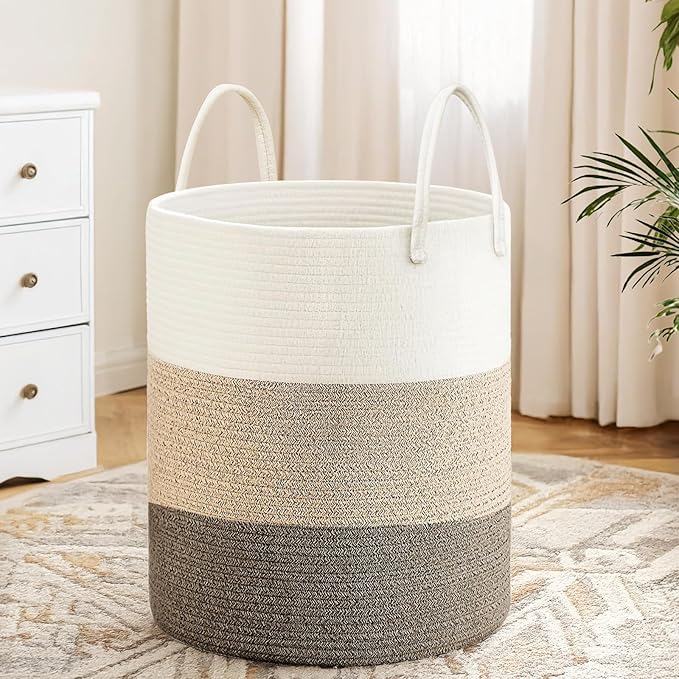 Cotton Rope Basket,Large Blanket Basket for Living Room,Woven cotton rope laundry baskets，For Bathroom Dirty Clothes ，Nursery Toys，pillow storage organization, 80L,Brown and white.