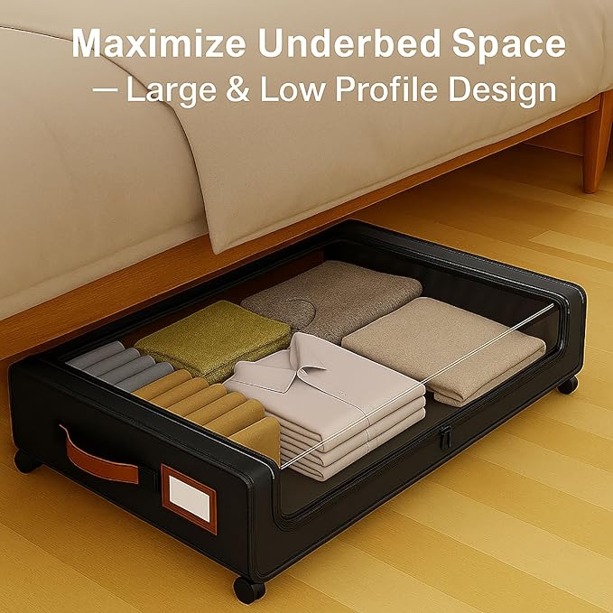 Under Bed Storage with Wheels – Foldable Rolling Organizer Bin with Lid & Label Slot, Clothes Storage Box for Blankets, Shoes, Sweaters, Underbed Storage Container for Bedroom & Closet (Gray*2pcs)