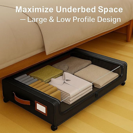 Under Bed Storage with Wheels – Foldable Rolling Organizer Bin with Lid & Label Slot, Clothes Storage Box for Blankets, Shoes, Sweaters, Underbed Storage Container for Bedroom & Closet (Gray*2pcs)