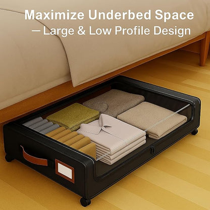 Under Bed Storage with Wheels – Foldable Rolling Organizer Bin with Lid & Label Slot, Clothes Storage Box for Blankets, Shoes, Sweaters, Underbed Storage Container for Bedroom & Closet (Black*2pcs)