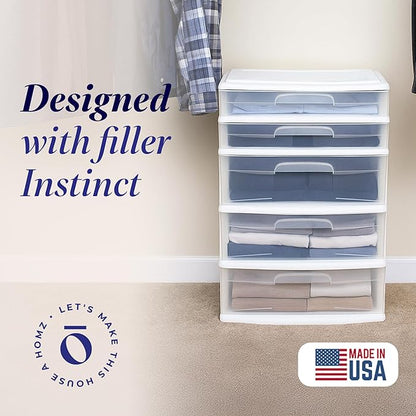 HOMZ Drawer Tower, 5-Tier Extra-Wide Clear Plastic Storage Organizer Cart, White Frame - Organizing Containers for Home, Office, Bathroom, Bedroom, and Classroom