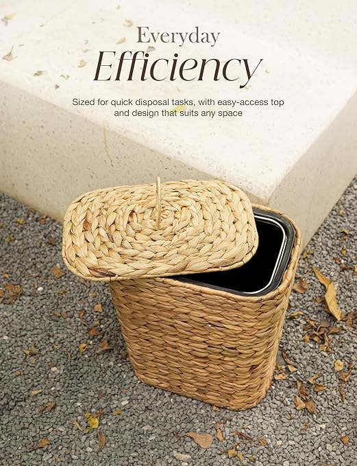 4 GALLONS Wicker Waste Basket - Wicker Trash Can with Lid - Water Hyacinth Bathroom Garbage Can with a Lid - Bathroom Trash Can Boho Style - Removable Liner, Iron Frame (Natural, 4 Gallons)