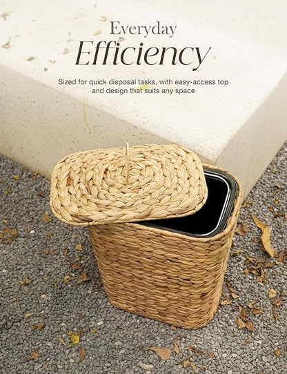 4 GALLONS Wicker Waste Basket - Wicker Trash Can with Lid - Water Hyacinth Bathroom Garbage Can with a Lid - Bathroom Trash Can Boho Style - Removable Liner, Iron Frame (Natural, 4 Gallons)