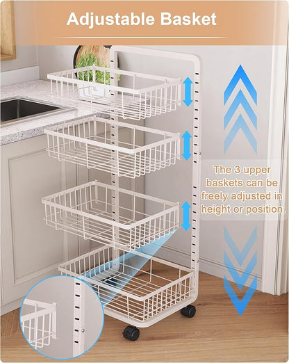 UMDONX 4-Tier Kitchen Storage Cart Metal Snack Cart Adjustable Fruit Basket on Wheels Stand Baskets for Potato Onion Produce White