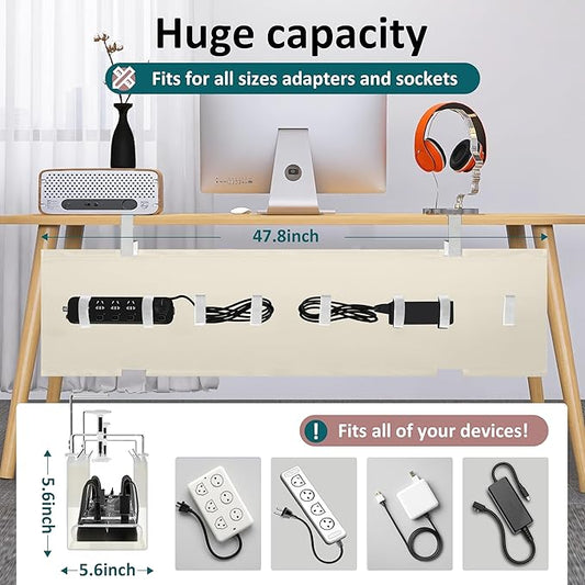 Extra Large 48" Under Desk Cable Management Tray for Standing Desk, No Drill Clamp On Wire Hider, Heavy Duty Anti-Sag Cord Organizer, Cable Tray for Studio & Dual Monitors (Beige, 47.8")