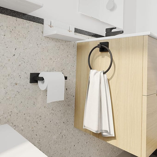 Ruacq Matte Black Toilet Paper Holder Towel Ring Bathroom Accessories Hardware Set Double Post Pivoting Toilet Roll Holder Square Stainless Steel and Zinc Alloy Modern Wall Mounted 2 Pieces