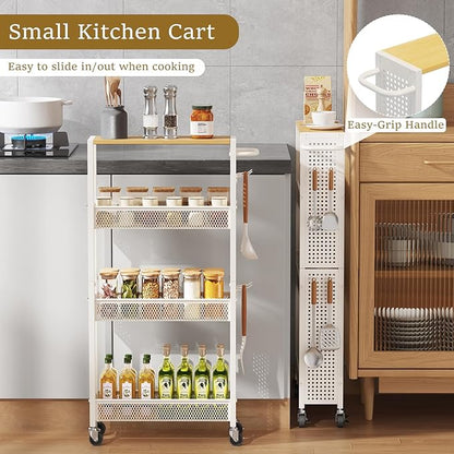 Utility Slim Storage Cart 4 Tier Small Rolling Kitchen Laundry Room Organization Cart with Wood Top Metal Narrow Bathroom Cart Cabinet Narrow Storage Cabinet Trolley with Handle for Small Space
