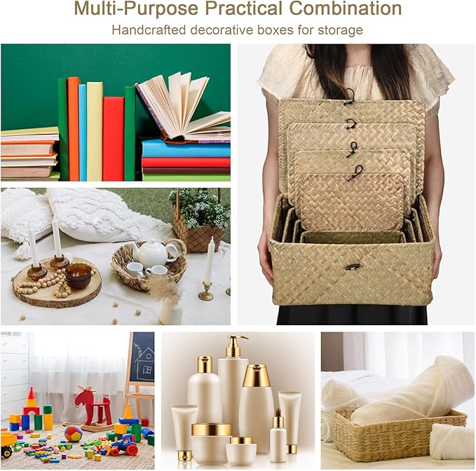Woanger Set of 4 Wicker Storage Baskets Organizer，Handwoven Storage Bins with Lid for Organizing, Home Utility Box for Home Office Supplies Multipurpose Container(Natural Color)