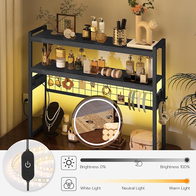 HOOBRO Desktop Bookcase, 2-Tier Desktop Organizer, 37.4" Wooden Office Storage Rack with Outlets, Display Shelf Rack with Light Strip, Desk Hutch for Office, Black BB13UDSJ01