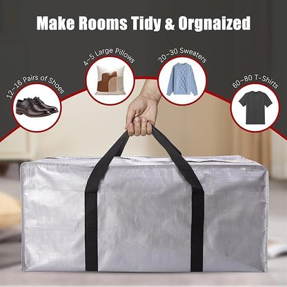 PANDA JOYS Extra Large Moving Bags with Zippers & Carrying Handles, Heavy-Duty Storage Tote for Space Saving Moving Storage, Fold Flat, Alternative to Box and Bin - 12 Pack, Silver
