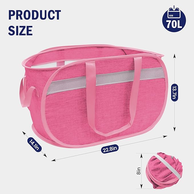 Collapsible Laundry Baskets, Foldable Tear Proof Pop Up Hamper with Reinforced Carry Handles, Durable Laundry Hamper for Home, Laundry, Bathroom, Dorm or Travel (Pink)