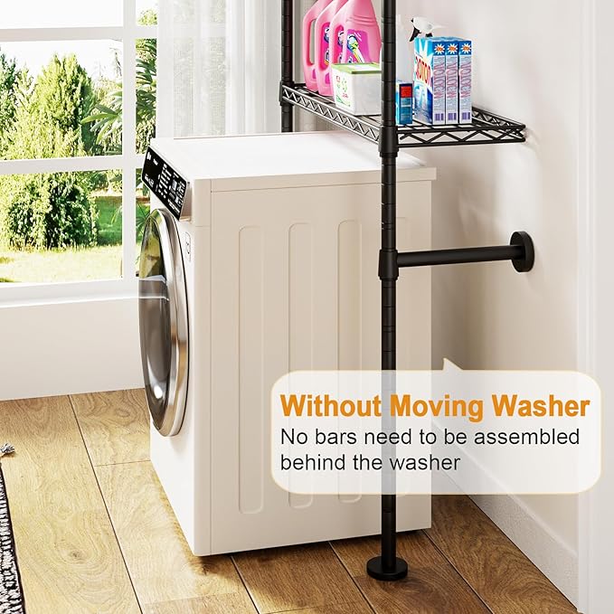 U17 Wall-Mounted Over Washer and Dryer Storage Shelves, Without Moving Washer or Dryer Laundry Room Storage Rack with Hanger Rod, 35" W x 22" D x 86.2" H, Holds 352 lbs, Black