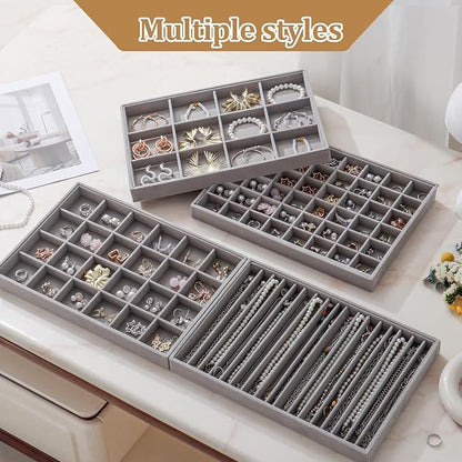 KATISYIO Large Jewelry Drawer Organizer Trays Set of 4, Stackable Velvet Jewelry Trays Organizer Holder Display Storage Showcase for Earring Necklace Bracelet Ring Accessary (Gray, 12+17+24+48 Grids)