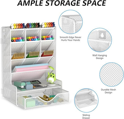 Pen Organizer for Desk, Multi-Functional Desk Organizer, Wall Mount Pen Holder with Drawer for School, Office, Home, Art Supplies, White