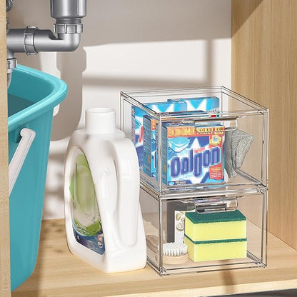 4 Pack Stackable Makeup Organizer and Storage, Acrylic Organizers，Clear Plastic Storage Drawer with Handles for Vanity, Undersink, Kitchen Cabinets, Pantry
