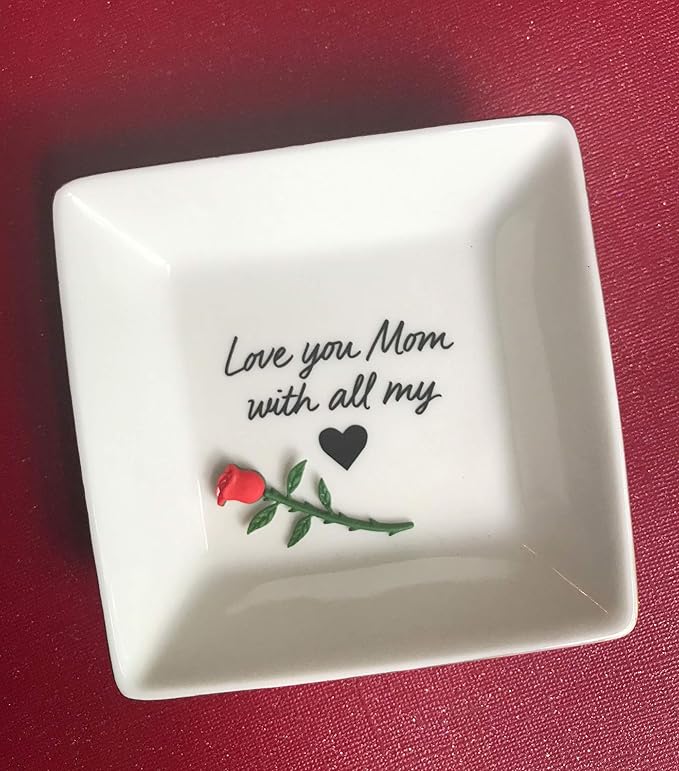 Simply Charmed Love You Mom Jewelry Dish - Valentine's Day or Birthday Gift - Elegant Trinket Tray and Ring Holder - Gifts for Mom from Daughter or Son
