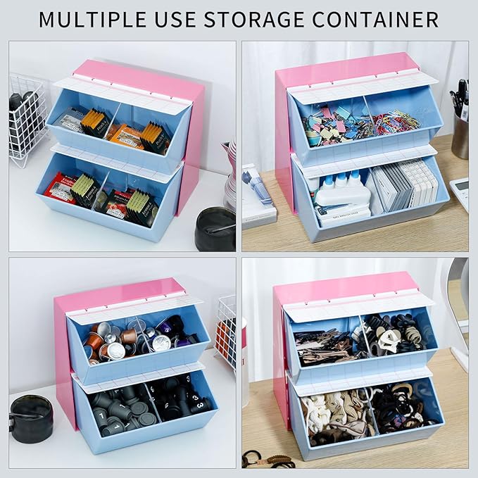 Coffee Pod Organizer with Lid, Vintage Creamer Holder for Coffee Bar, Kitchen and Countertop, Plastic Storage Box for K Cups, Tea Bags, Sugar Packets, Drinking Accessories (Rose Pink)