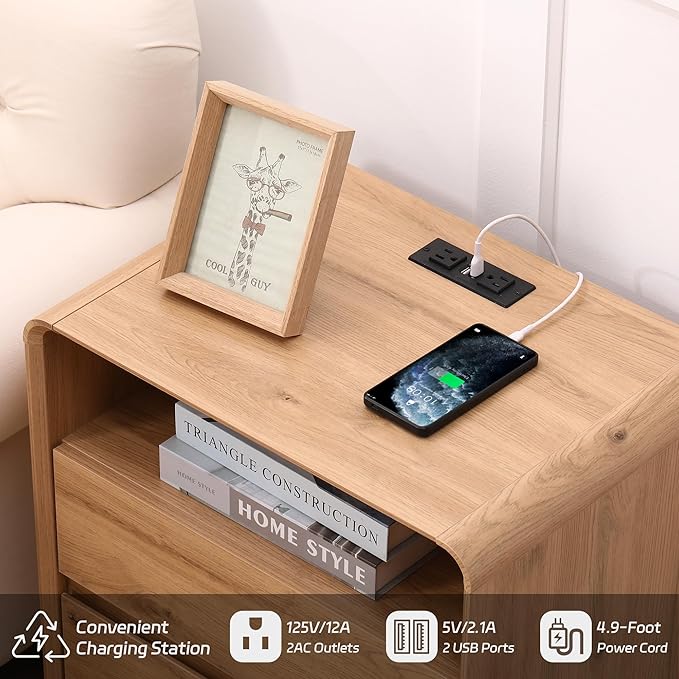 GlowVitaHome Nightstand, Wood Bedside Table with 2 Drawers and Open Storage Shelf, Accent End Table with Solid Wood Legs for Bedroom,Nature