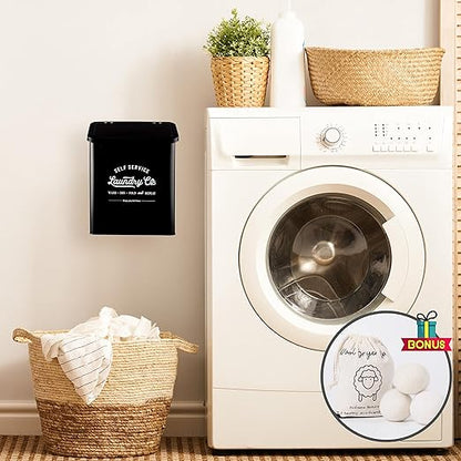 Magnetic Lint Bin for Laundry Room, Metal Trash Can with Lid for Dryer, Farmhouse Lint Holder, Laundry Co Sign, Laundry Room Storage Decor with Dryer Lint Brush (Black-Dryer Ball Set)