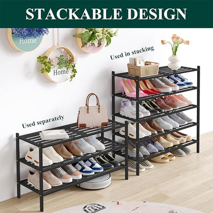 Smiry Long Bamboo Shoe Rack 3-Tier, Stackable Wooden Shoe Organizer for Entryway & Closet, Free Standing Wood Shoe Storage Shelf for Front Door & Small Spaces, Black