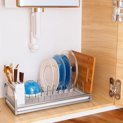 YEYPOP Dish Drying Rack for Small Kitchen Counter, 304 Stainless Steel Small Dish Rack w Utensil Holder & Tray for Limited Space, Rustproof Narrow Dish Rack for Pot & Pan, Plate, Lid (Silvery)
