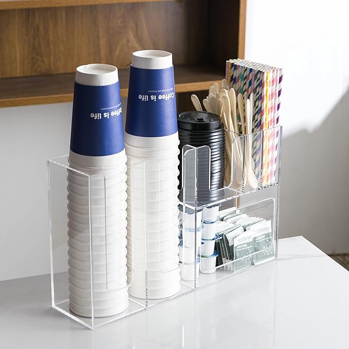 Paper Cup and Lid Holder with Straw Organizer, 6 Compartment Disposable Coffee Cup Dispenser for Countertop Coffee Bar Accessories Restaurant Breakroom, Acrylic, Clear