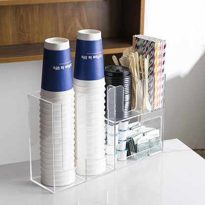 Paper Cup and Lid Holder with Straw Organizer, 6 Compartment Disposable Coffee Cup Dispenser for Countertop Coffee Bar Accessories Restaurant Breakroom, Acrylic, Clear