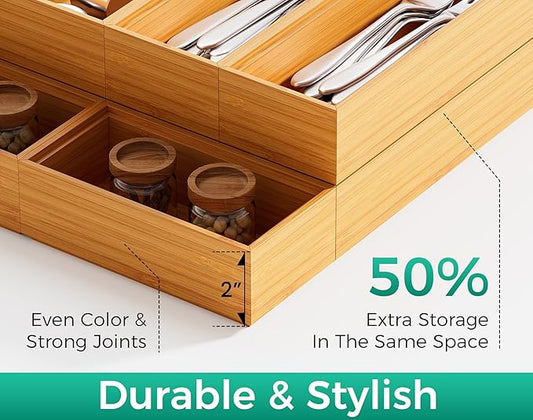 Bamboo Kitchen Drawer Organizer Boxes – 15" x 6" Stackable Wood Silverware Utensil Tray for Drawers Bins, Cutlery & Flatware Storage – Wooden Organizers Set of 2 for Junk Drawer, Bathroom, RV