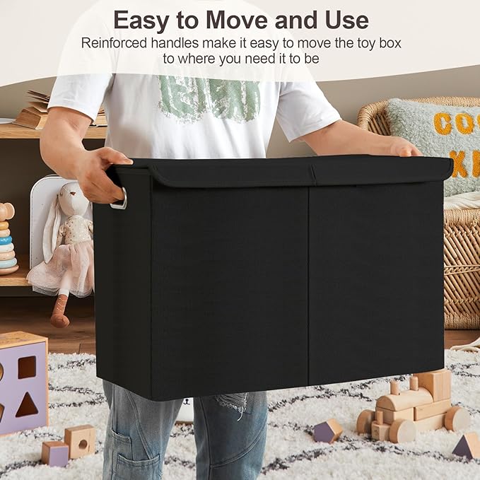 Large Toy Storage Box with Lid, Collapsible Toys Storage Organizer Bins with Dividers and Handles, Storage Chest Bin for Kids, Boys, Girls, Nursery 25"x13" x16" (Black)