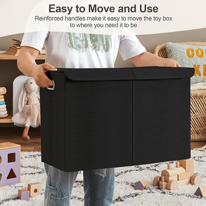 Large Toy Storage Box with Lid, Collapsible Toys Storage Organizer Bins with Dividers and Handles, Storage Chest Bin for Kids, Boys, Girls, Nursery 25"x13" x16" (Black)