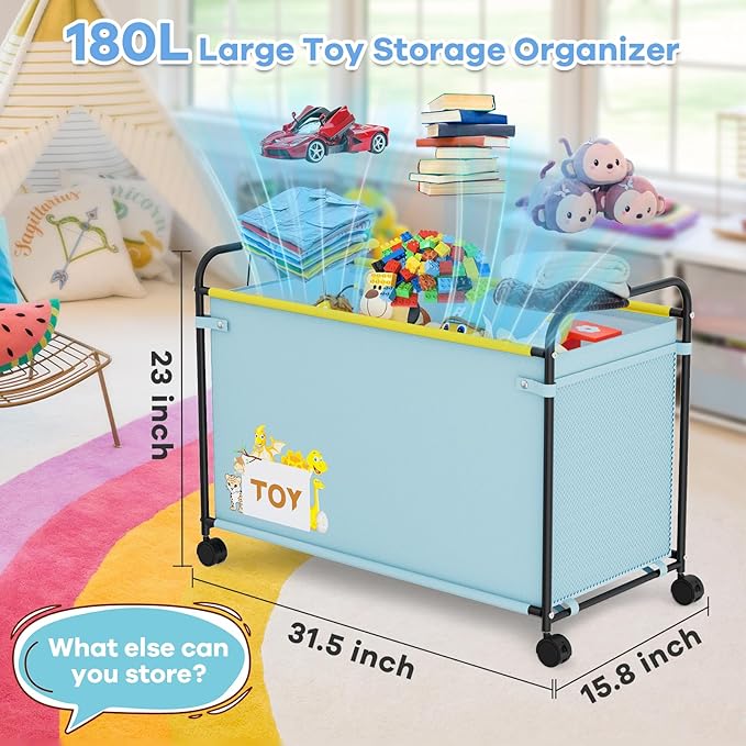 Extra Large Toy Box, 180L Toy Storage Organizer with Wheels, Metal & Oxford Cloth Toy Chest With Handle, Toy Box for Living Room Area, Nursery, Bedroom, Playroom, Toy Boxes for Boys, Girls, Kids