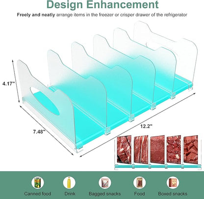 Freezer Organizer 12” Visible Fridge Organizer Rack with Removable Dividers and Handles, Freely Adjustable, Fits Refrigerator Frozen Meals, Lunch Meat Box, Cheeses (Mint Green)