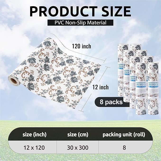 FIFTY FEET 12X120 Inch Shelf Liner for Kitchen Cabinets, PVC Drawer Liner for Dresser Non-Slip Bathroom, Non-Adhesive Cabinet Liner Washable (Black Floral)(8 Roll)