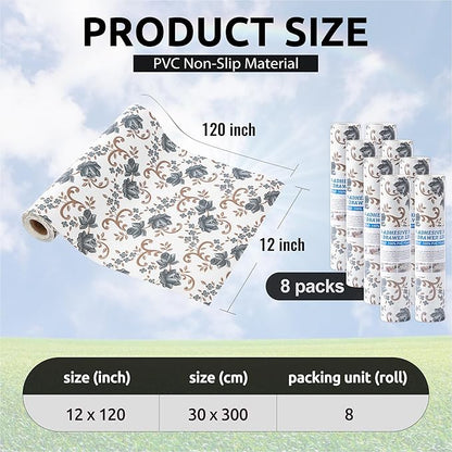 FIFTY FEET 12X120 Inch Shelf Liner for Kitchen Cabinets, PVC Drawer Liner for Dresser Non-Slip Bathroom, Non-Adhesive Cabinet Liner Washable (Black Floral)(8 Roll)