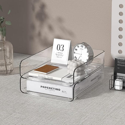 2-Tier Acrylic Paper Tray Organizer - Low-Profile Desk File Sorter for Office/Home, Clear Stackable Letter Tray for Bills, Crafts, Notebooks