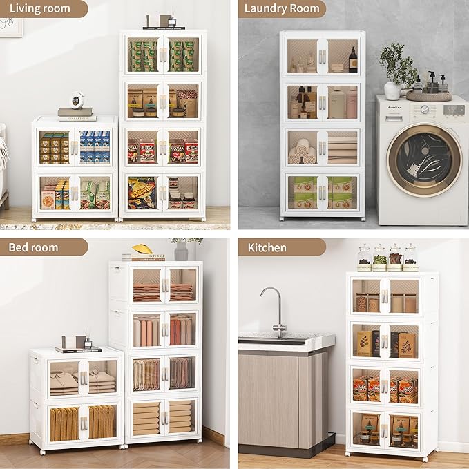 Vavkorkula Large Clear Stackable Storage Bins with 2 Lids, 270QT-45QT*6Tier Foldable Cabinet for Closet Organizers, Plastic Storage Box with Wheels White