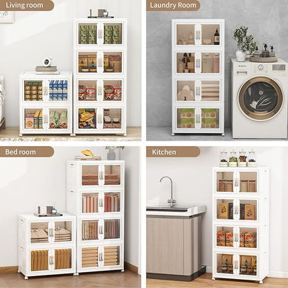 Vavkorkula Large Clear Stackable Storage Bins with 2 Lids, 270QT-45QT*6Tier Foldable Cabinet for Closet Organizers, Plastic Storage Box with Wheels White