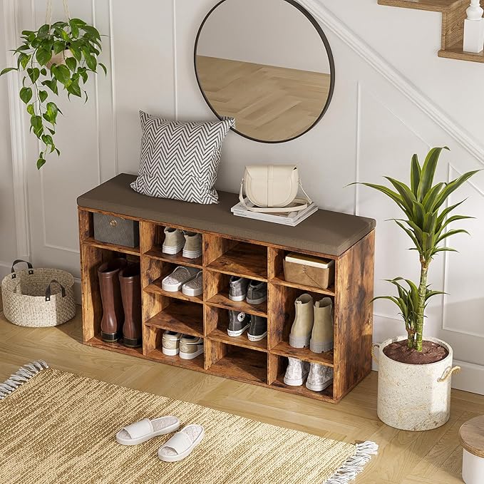DINZI LVJ Shoe Storage Bench with Cushion, 16-Cubby Shoe Rack, Adjustable Shelves, Multifunctional Shoe Organizer Bench for Entryway, Mudroom, Hallway, Living Room, Bedroom and Garage, Rustic Brown