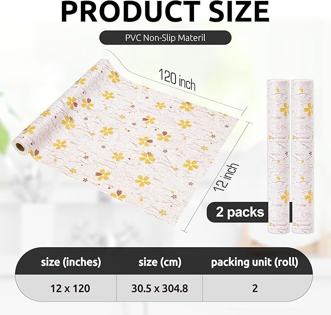 RAY STAR 12X120 Inch Shelf Liner for Kitchen Cabinets, Non-Adhesive Cabinet Liner Washable, PVC Drawer Liner for Dresser Non-Slip Bathroom (Yellow-Floral)(2 Roll)