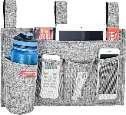 Zafit Linen Bedside Caddy, Bedside Storage Organizer for Hospital Beds, College Dorm Rooms or Baby Bed (5 Pockets-Grey)