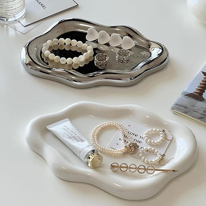 CESTATIVO Jewelry Dish - Trinket & Ring Tray, Ceramic, Aesthetic Vanity Decor - Mother's Day, Christmas, Birthday Gift for Women (White)